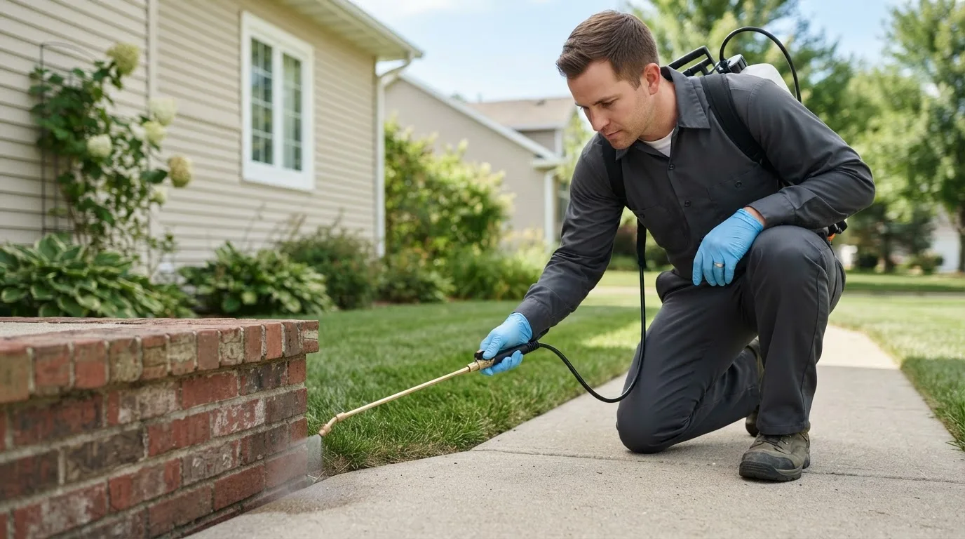 Pest control technician treating a home near Garland, KS