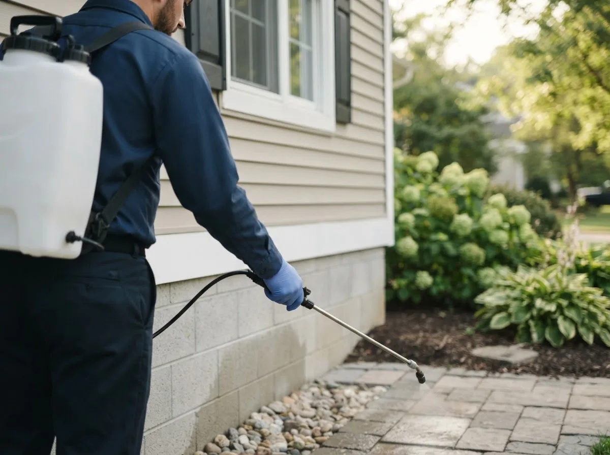 Pest control technician inspecting a home in Garland, KS